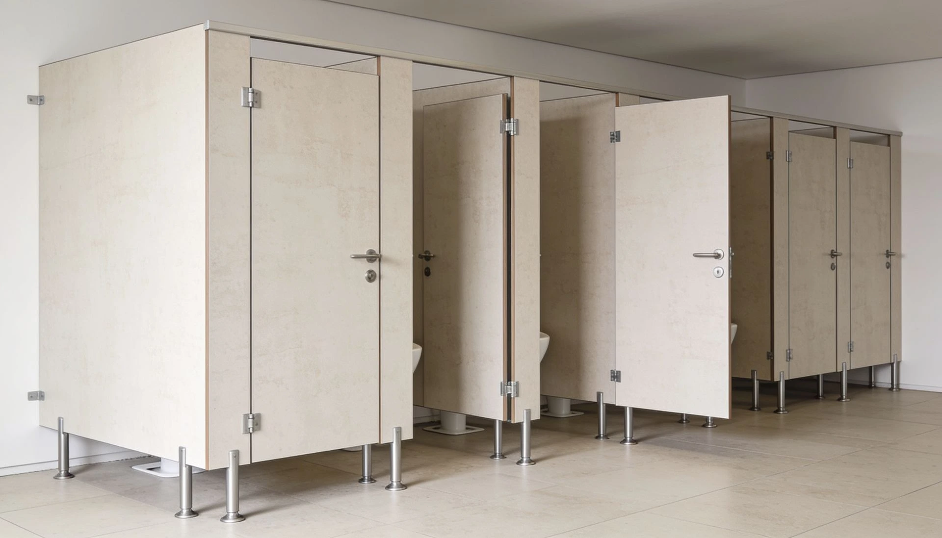 Cabinas de baño público con puertas elevadas sobre el suelo