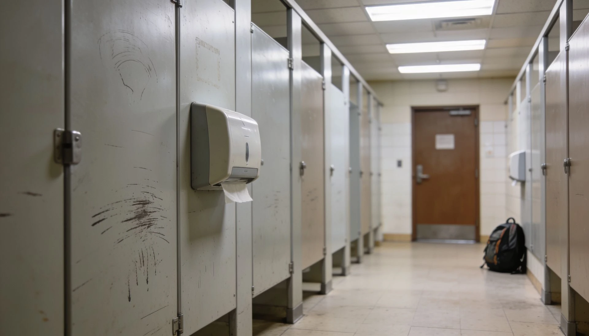 Puertas de varias cabinas en un baño público moderno