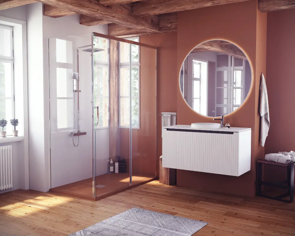 Foix 100 blanco Luke silver tapa moonstone Semi encastre ROSETTE Grifo Kool mampara Treban cromo Vista completa.webp