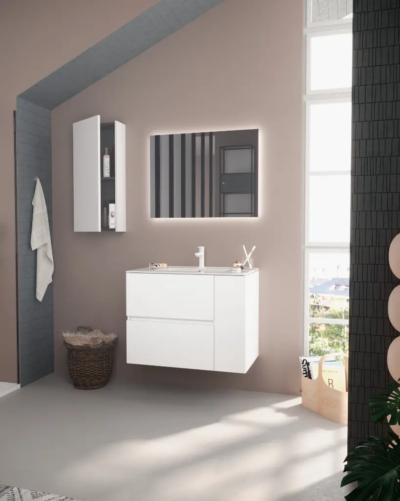 Alier 80 blanco brillo Sila Encimera Extrafino + Colgar Bela puerta abierta.webp