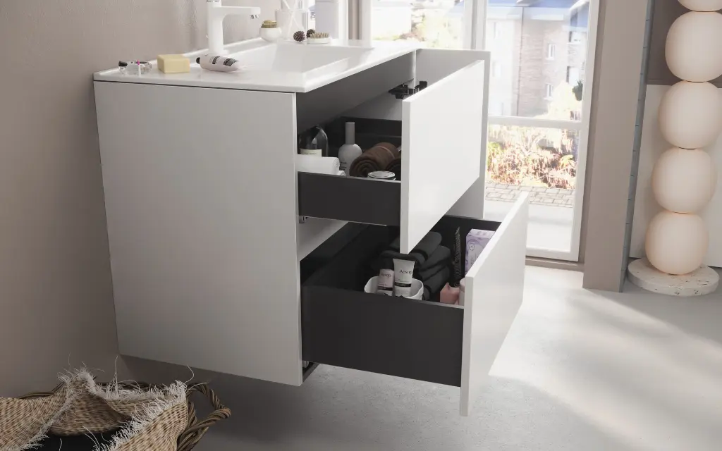 Alier 80 blanco brillo Sila Encimera Extrafino + Colgar Bela puerta abierta INTERIOR ABIERTO lado.webp